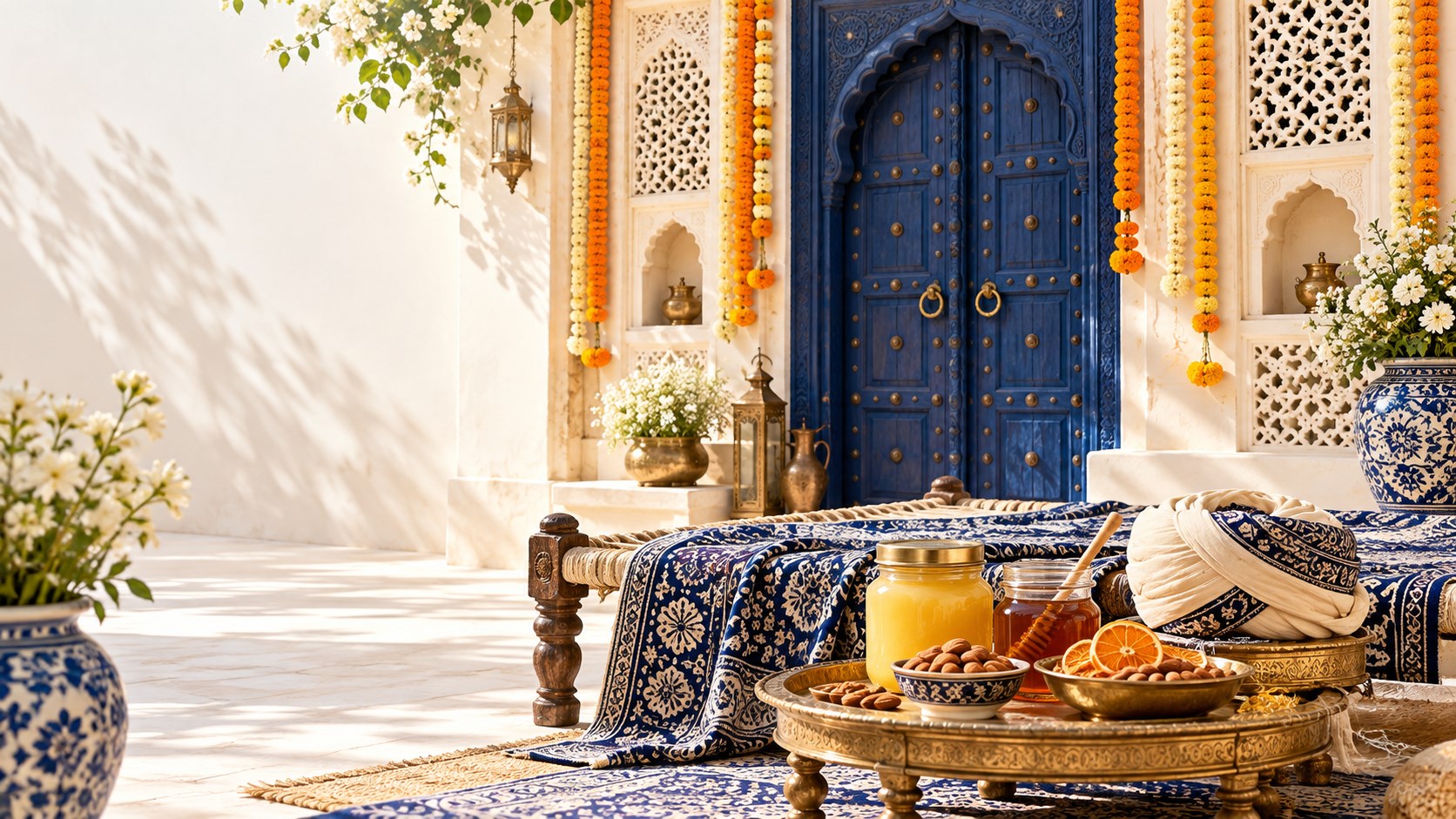 Neela darwaza, genday ke haar aur charpai par ghee, shehad aur dry fruits