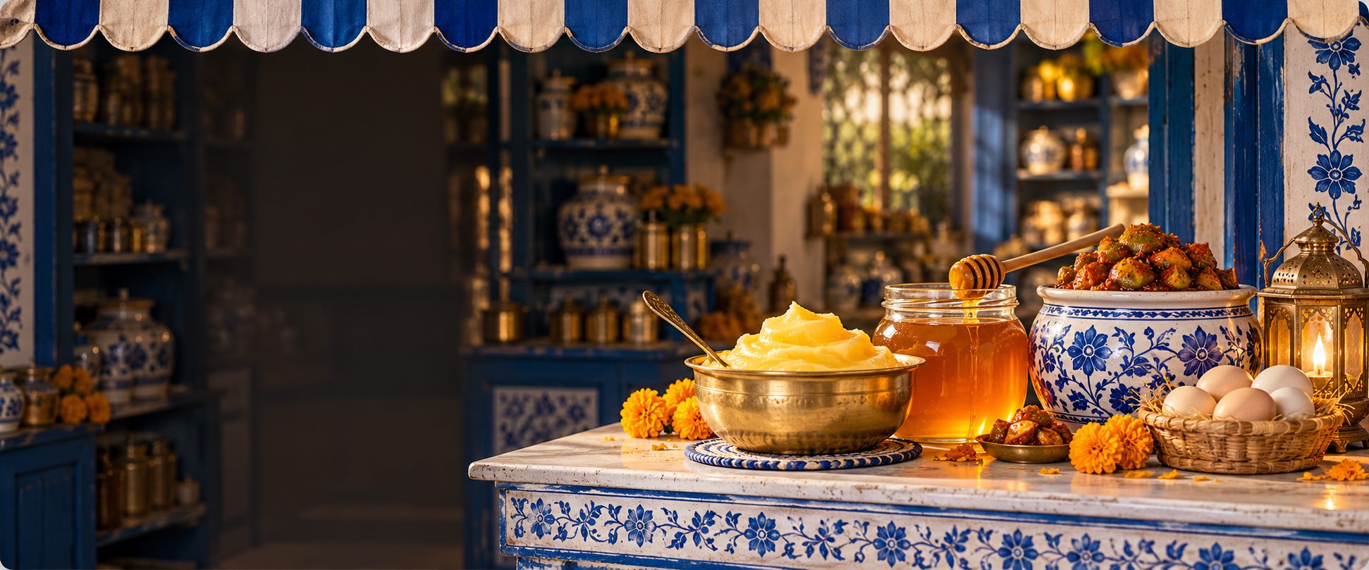 Desi dukaan ka counter: ghee, shehad, achar, anday aur genday ke phool